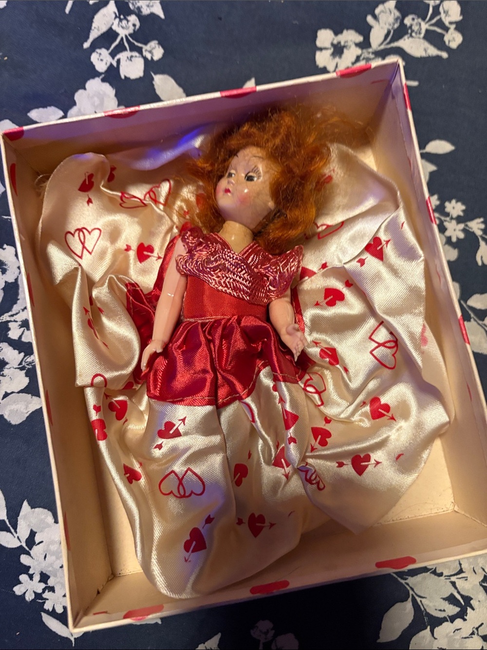 Red Satin Heart-Print Porcelain Doll